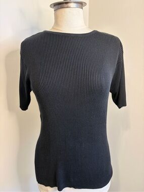 PETER NYGARD Black 100% Silk Ribbed Knit Short Sleeve Top – SIZE 2X
